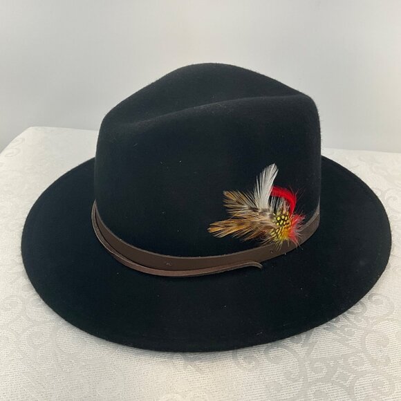 Carri Black Wool Fedora Hat With Feather Accent & Brown Band  Medium Size - Picture 1 of 4